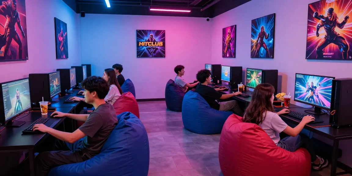 Gamers engaged in HITCLUB gameplay in a vibrant gaming lounge.