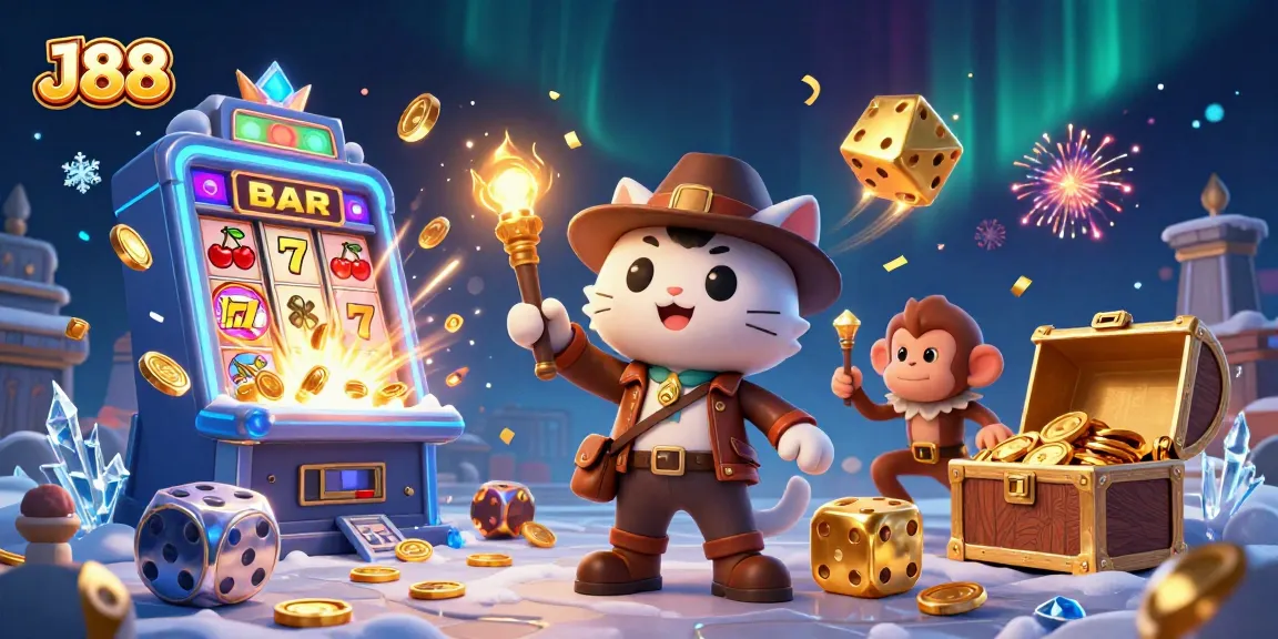 Experience J88's golden casino treasures unveiled by an adventurous cat and monkey.