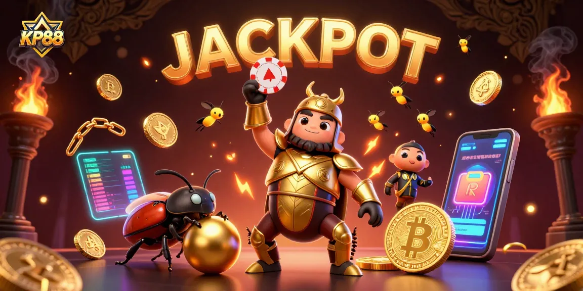 Engage in thrilling wins with KP88 as a victorious beetle celebrates a jackpot!
