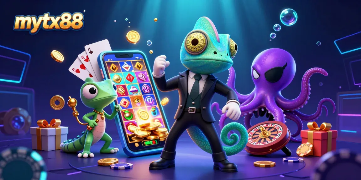 Mytx88's vibrant scene showcases a dynamic chameleon, tech gecko, and octopus in a colorful casino environment.
