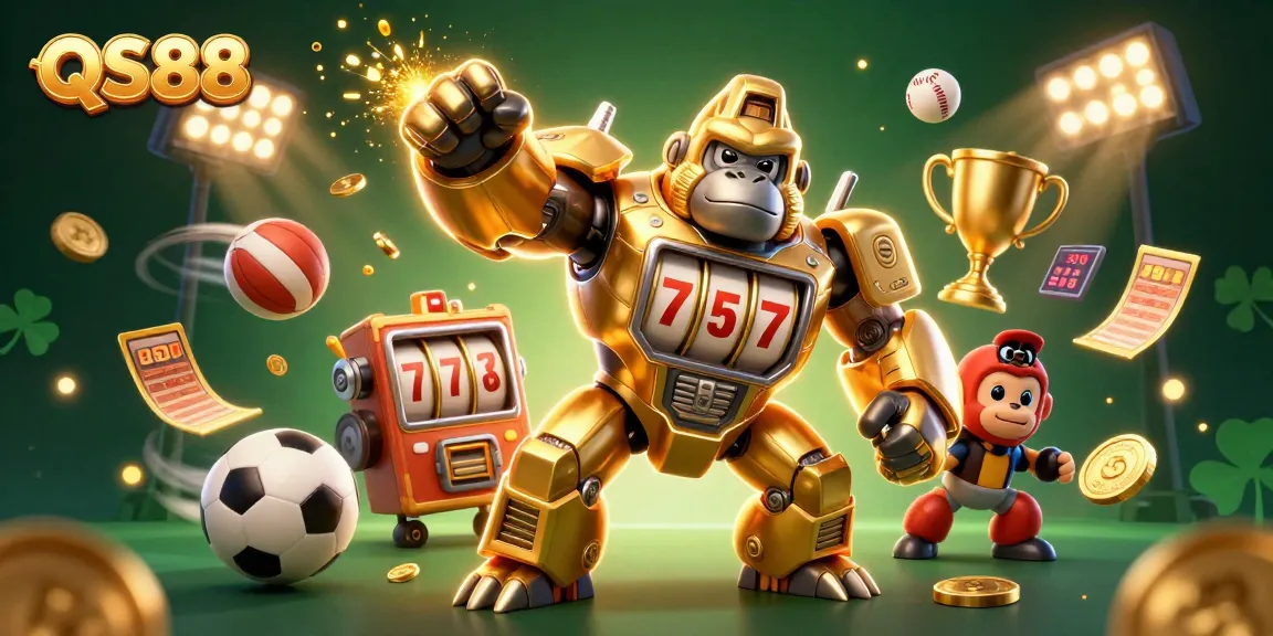 Experience thrilling gameplay at QS88 with a dynamic golden gorilla mech surrounded by sports balls and casino elements.