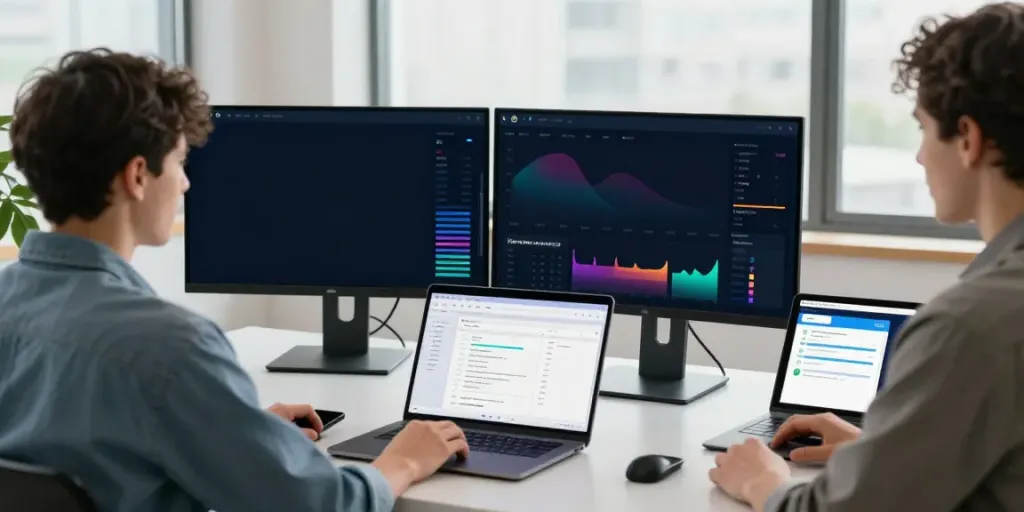 Analyst reviewing AI search visibility metrics in a modern workspace.
