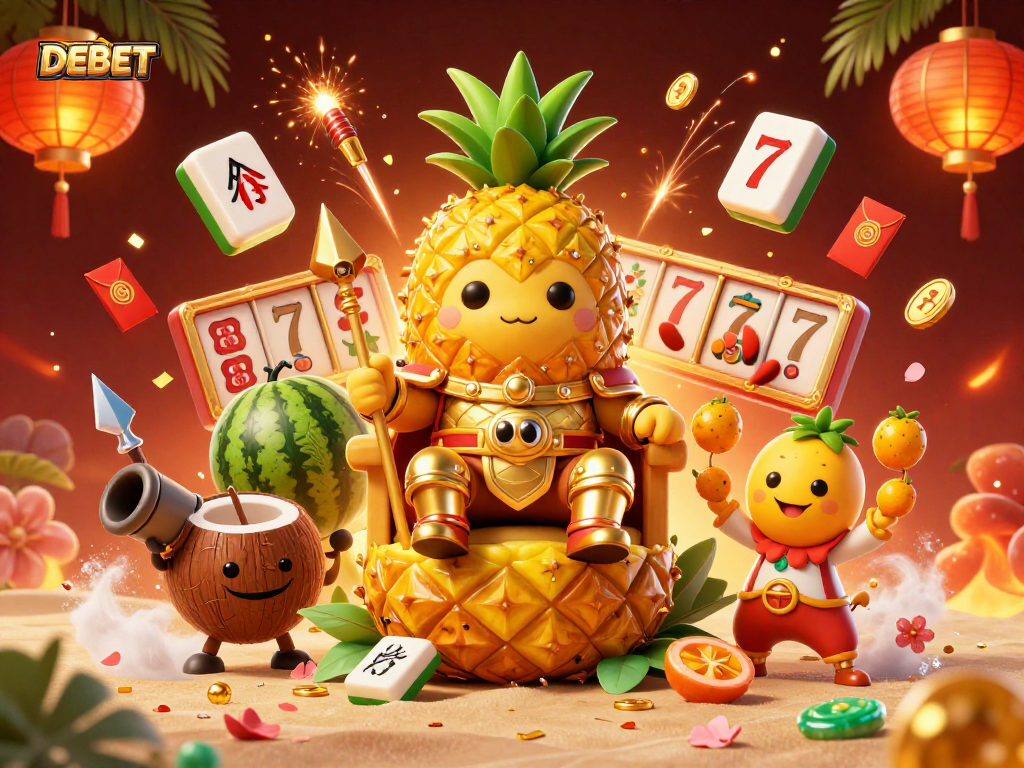 Engage with DEBET's vibrant casino scene featuring unique gaming elements, illustrated in rich detail.