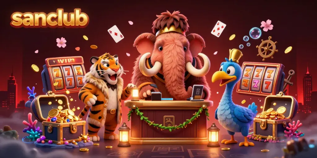 Experience the dynamic casino ambiance of sanclub with vibrant characters and game elements.