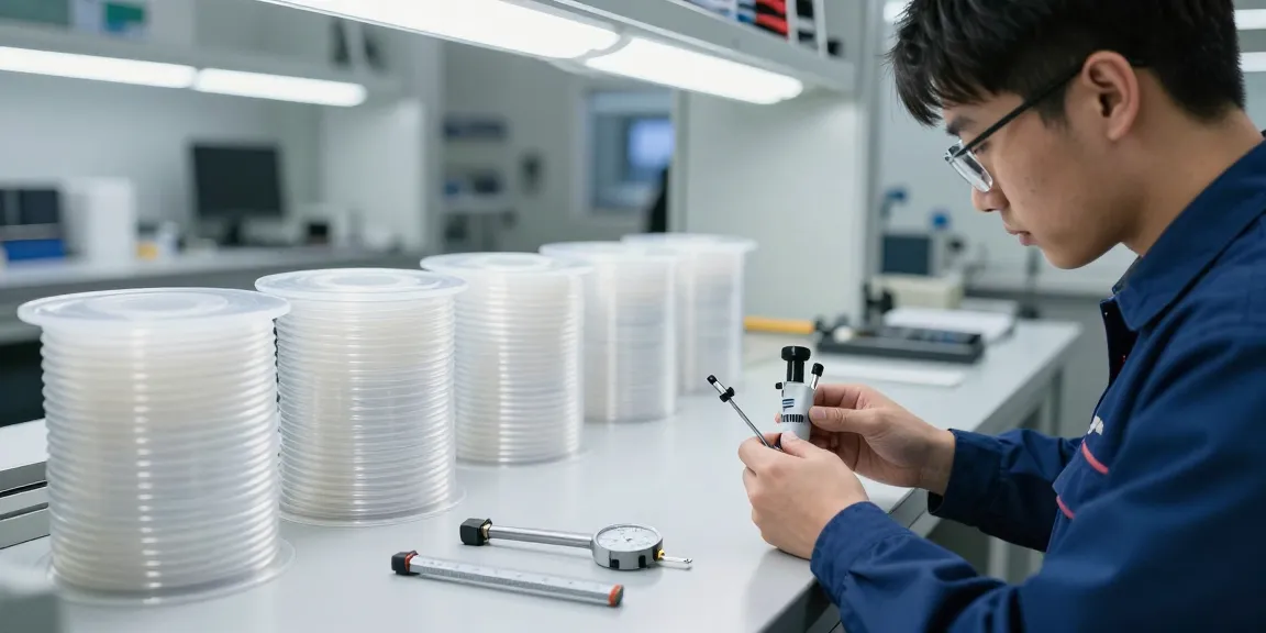Technicus inspecteert FEP slang op kwaliteit in moderne werkplaats.