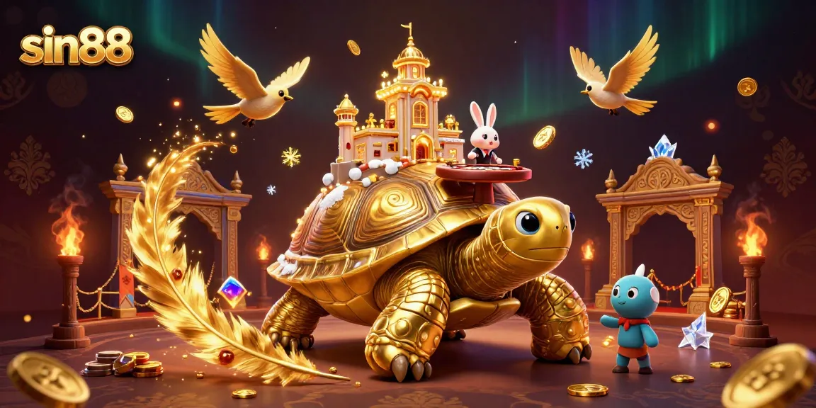 Engage with the sin88 casino experience featuring a golden tortoise casino, rabbit dealer, and flying coins.