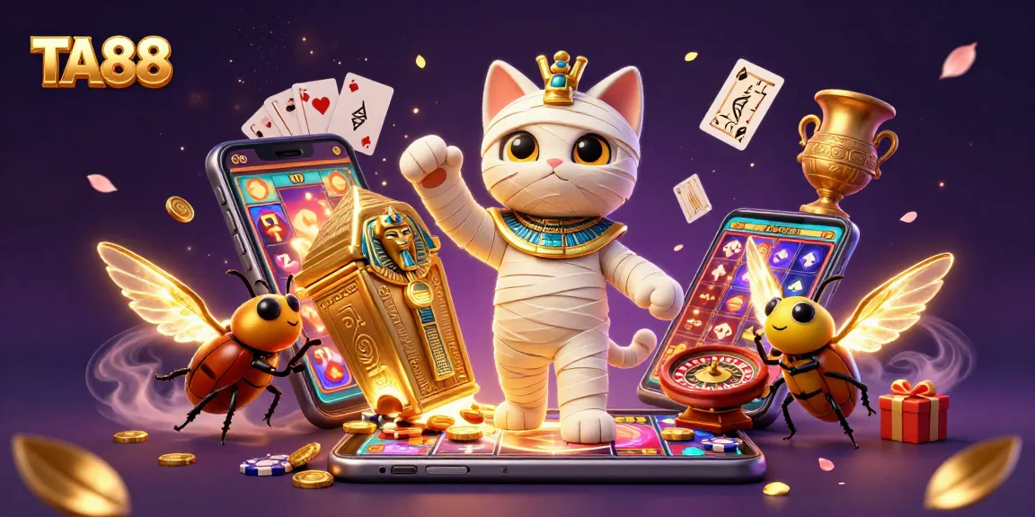 Engage in thrilling gambling with TA88 as a lively Egyptian mummy cat emerges at a vibrant pyramid casino.