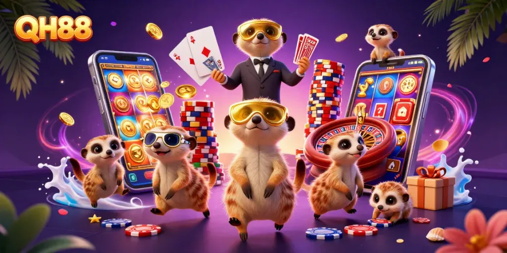 Experience the excitement of QH88 casino with meerkats engaging in gaming activities, showcasing vibrant elements.