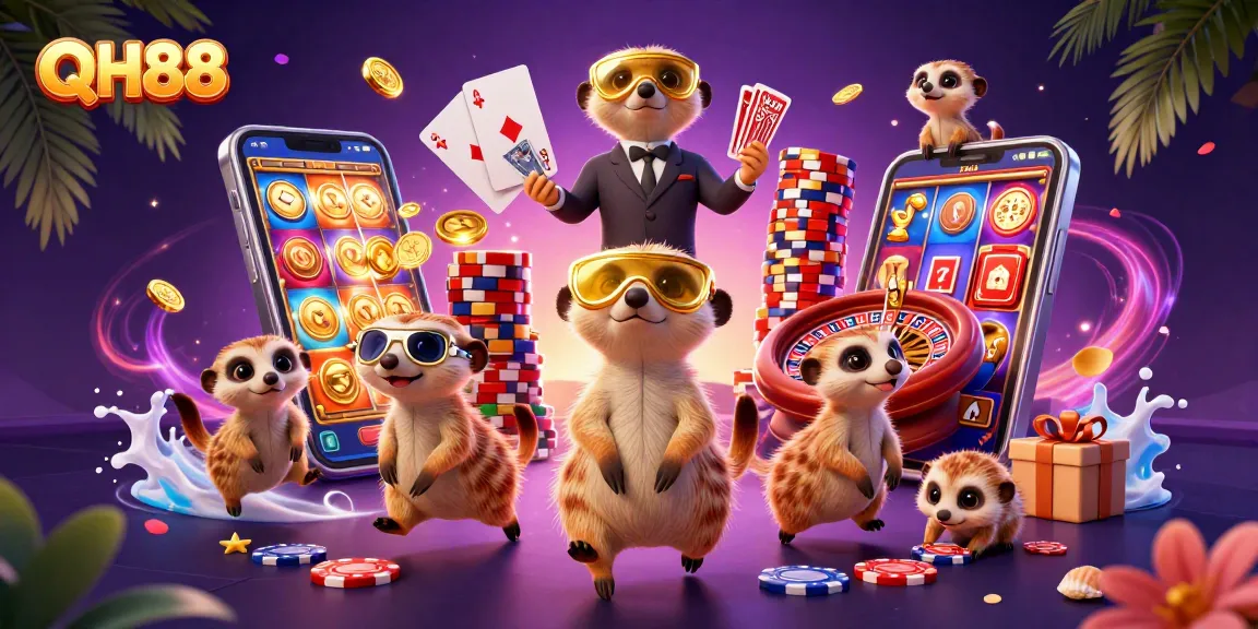 Experience the excitement of QH88 casino with meerkats engaging in gaming activities, showcasing vibrant elements.