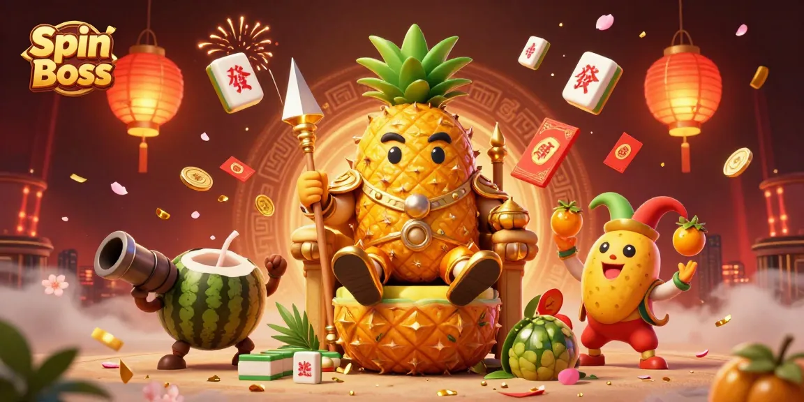 Engage with Spin Boss in this vibrant beach casino scene featuring a pineapple king and exciting game elements.