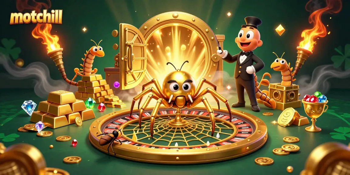 Experience the thrill of motchill bets as a golden spider spins a roulette wheel web.