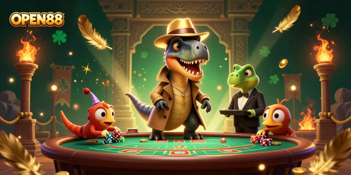 Win big at OPEN88 with a velociraptor card counter and exciting casino action in this vibrant scene.