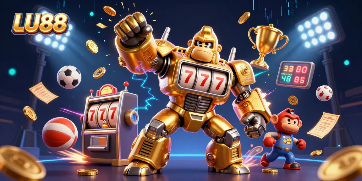 LU88 engages players with an electrifying 3D illustration of a golden gorilla mech inspiring winning strategies