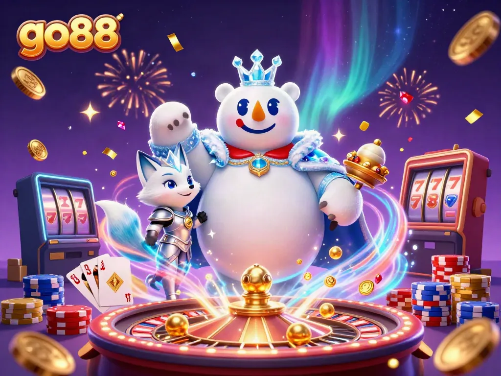 Win big with go88! Enjoy a vibrant 3D illustration featuring a polar bear and fox amidst casino elements.