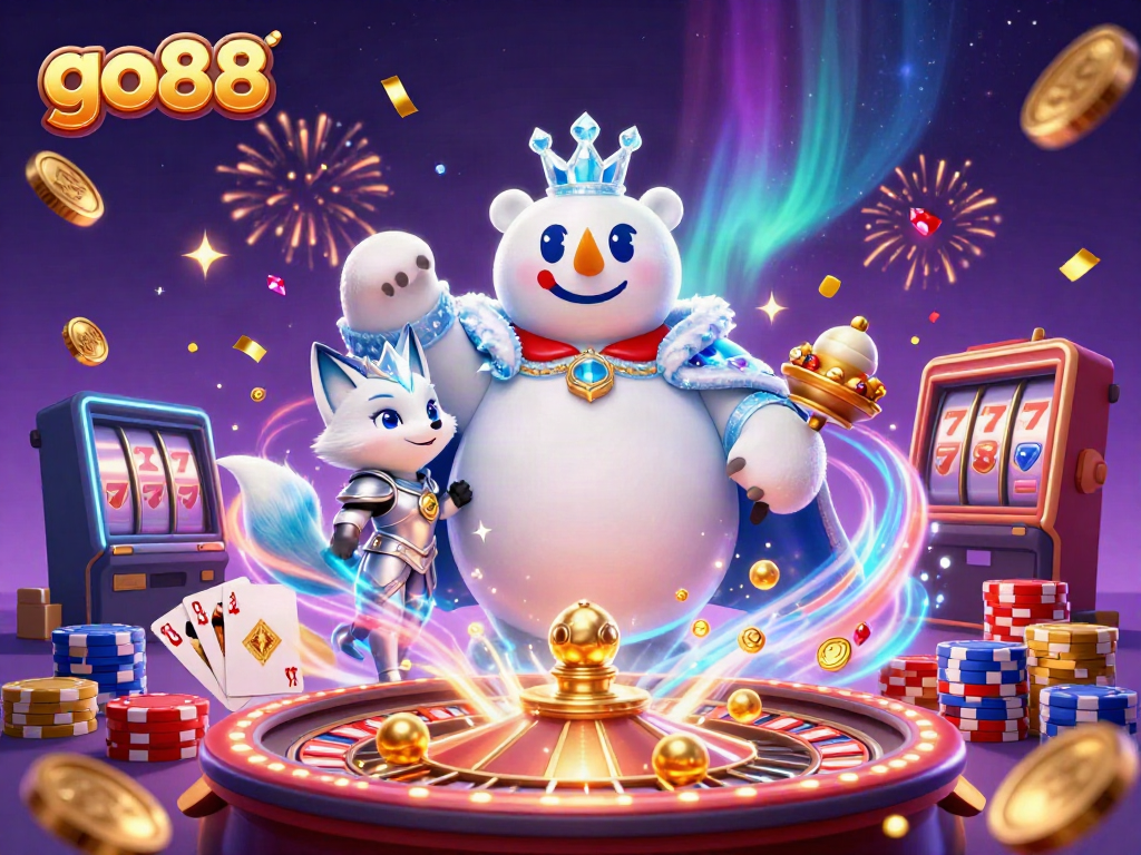 Win big with go88! Enjoy a vibrant 3D illustration featuring a polar bear and fox amidst casino elements.