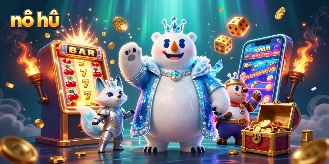 Experience the excitement of nổ hũ with vibrant 3D characters, jackpot symbols, and lush casino elements.