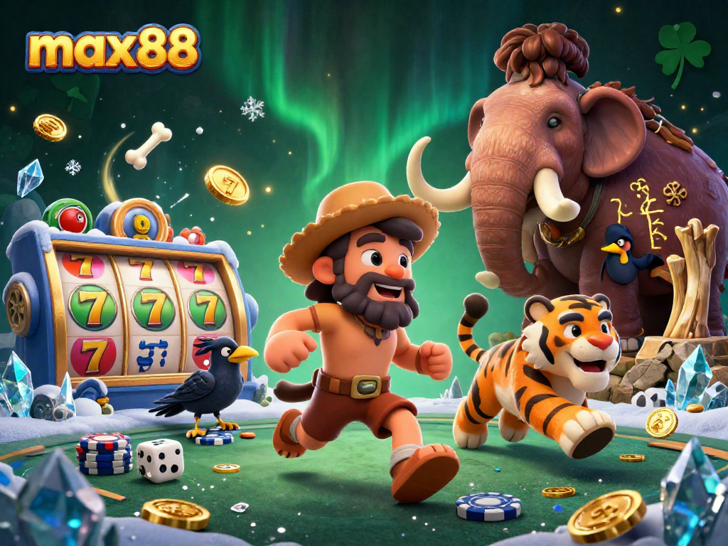 Play engaging games at max88, showcasing 3D cavemen and casino elements.