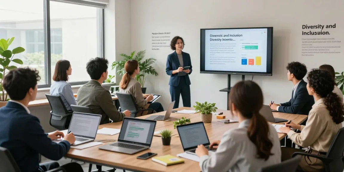 Training over diversiteit en inclusie met diverse deelnemers in moderne kantooromgeving.