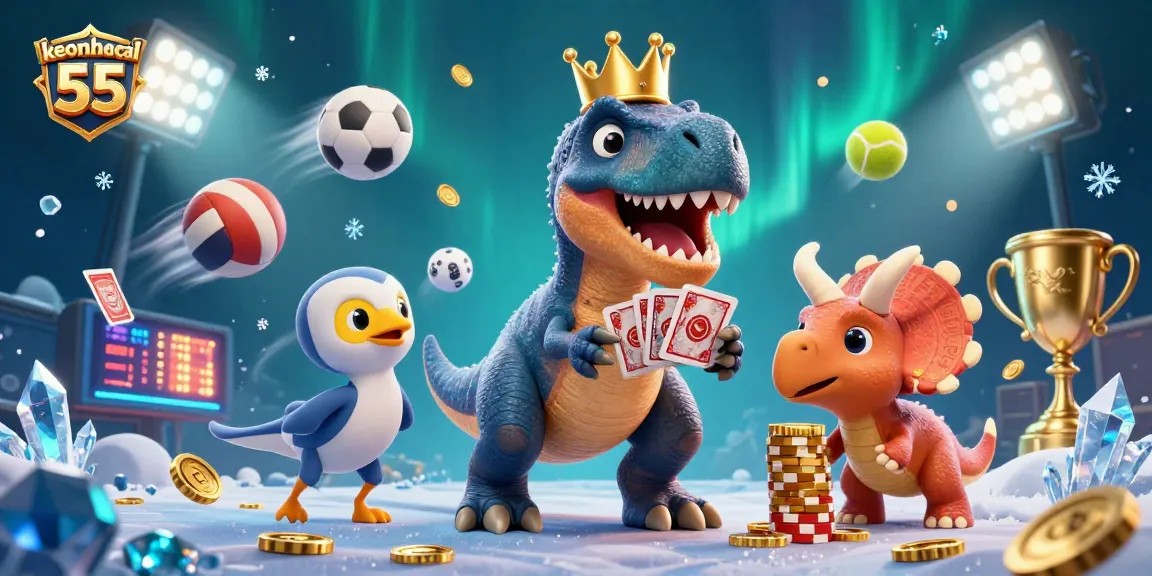 Join the fun with keonhacai 55 as a friendly T-Rex shuffles cards while dynamic sports elements surround!