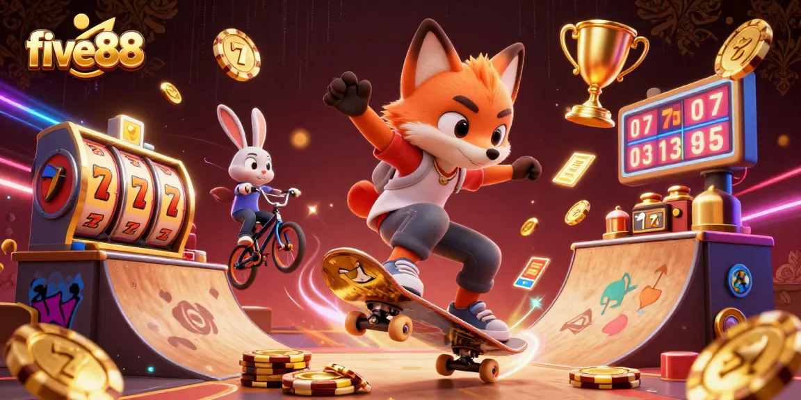 Experience the thrill of five88 with a vibrant 3D cartoon scene of a fox and rabbit showcasing casino excitement.