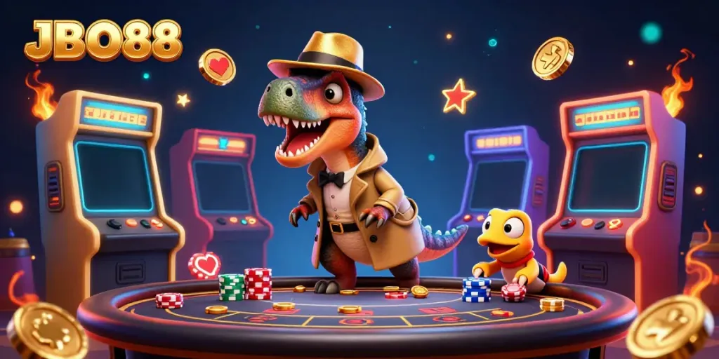 JBO88 velociraptor card counter at a blackjack table filled with gaming elements in vibrant colors.