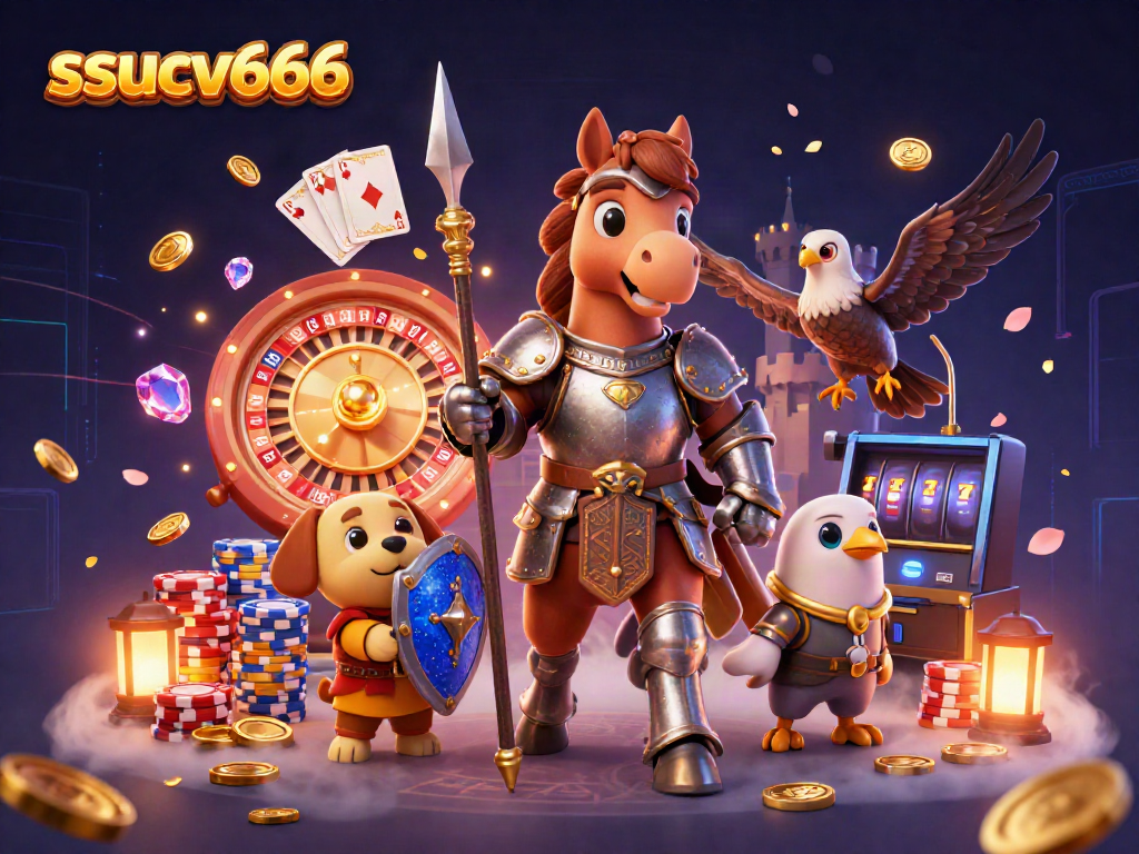 Experience winning thrills with ssucv666’s vibrant 3D casino scene featuring knights and treasures.