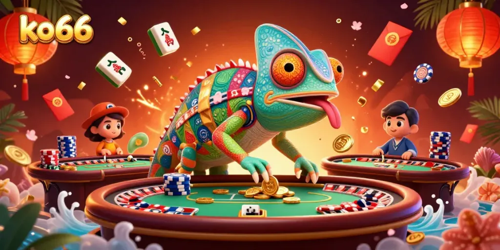 Join the thrilling world of ko66 with vibrant casino games and a lively atmosphere illustrated through a chameleon-themed art piece.