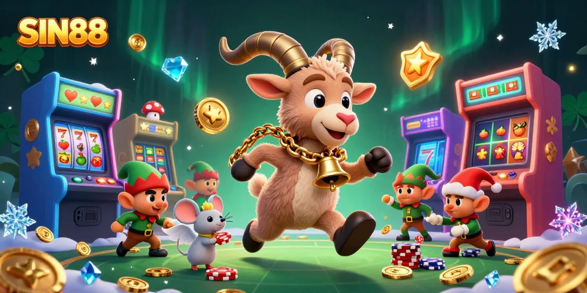 SIN88's exciting casino scene showcases a festive Krampus goat amidst thrilling slot machines and mischievous gremlins.
