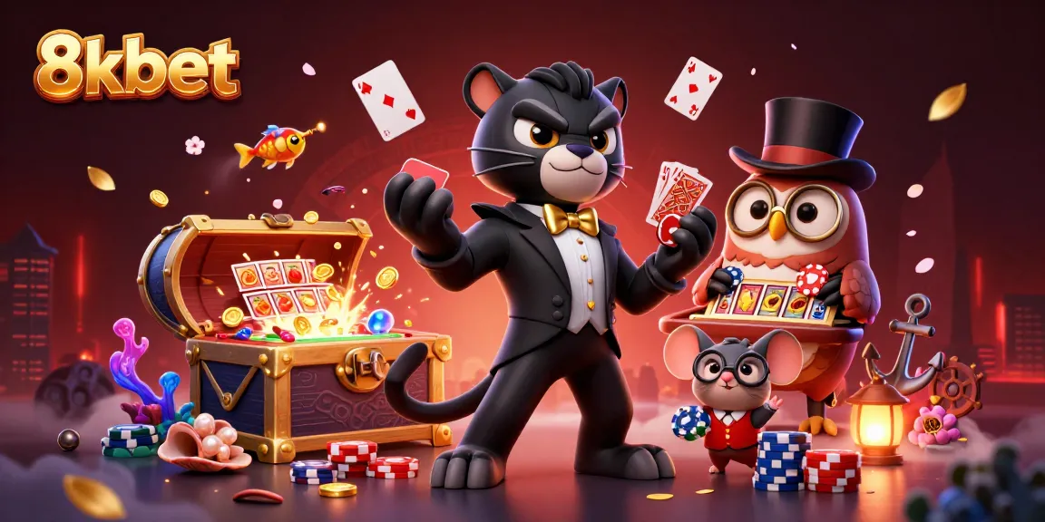 Engage with 8xbet's vibrant casino scene featuring playful characters and exciting game elements.