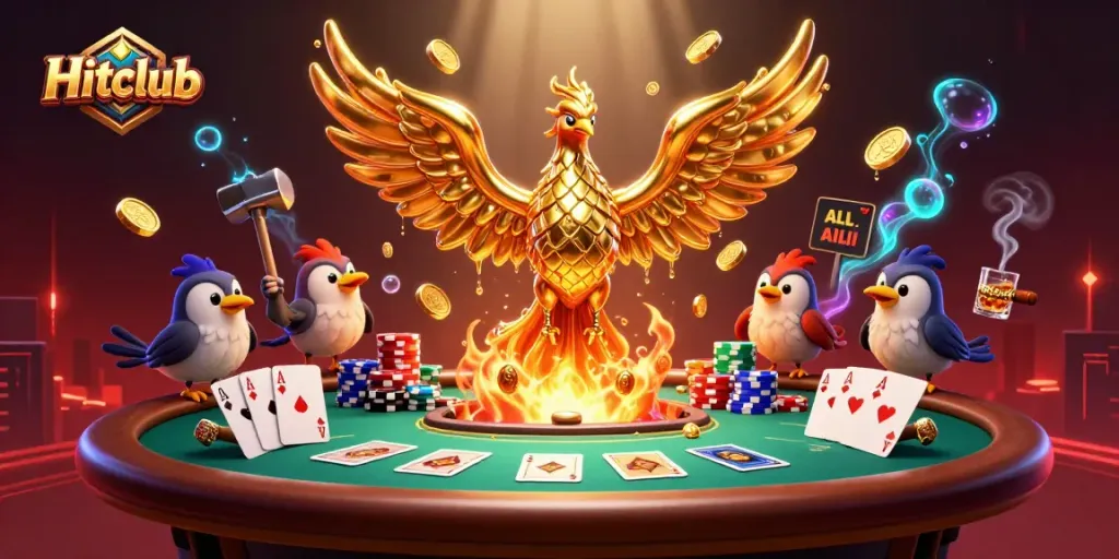 Hitclub enthusiasts winning big at a casino table with golden phoenix and poker elements.