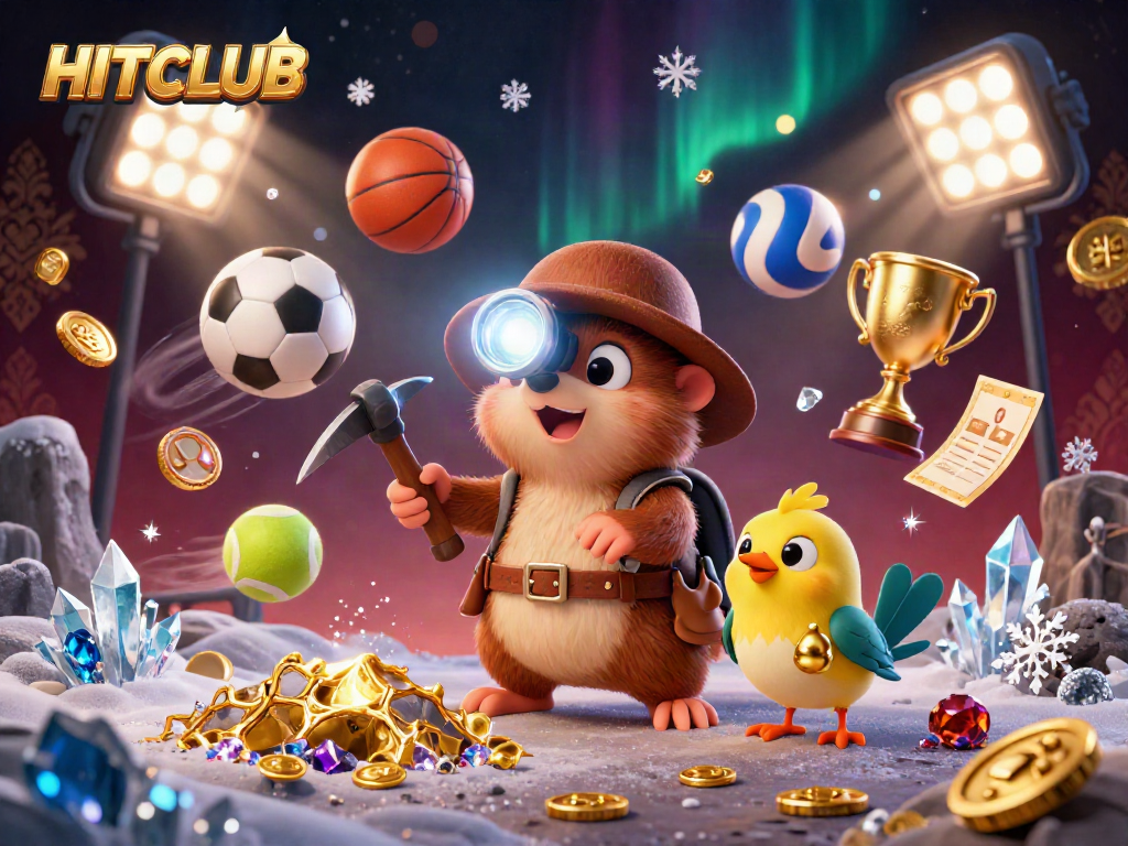 Engage with HITCLUB's thrilling gaming universe featuring dynamic sports elements and a treasure-hunting mole.