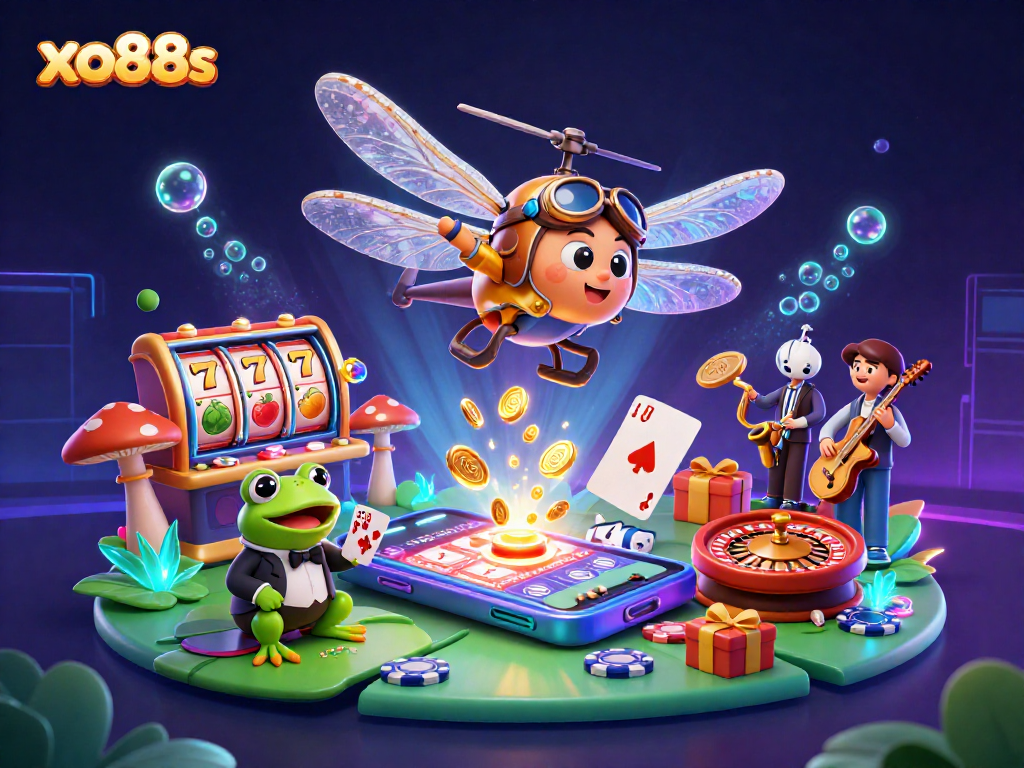 Experience excitement at xo88s with a vibrant casino scene featuring thrilling slot games and lively characters.