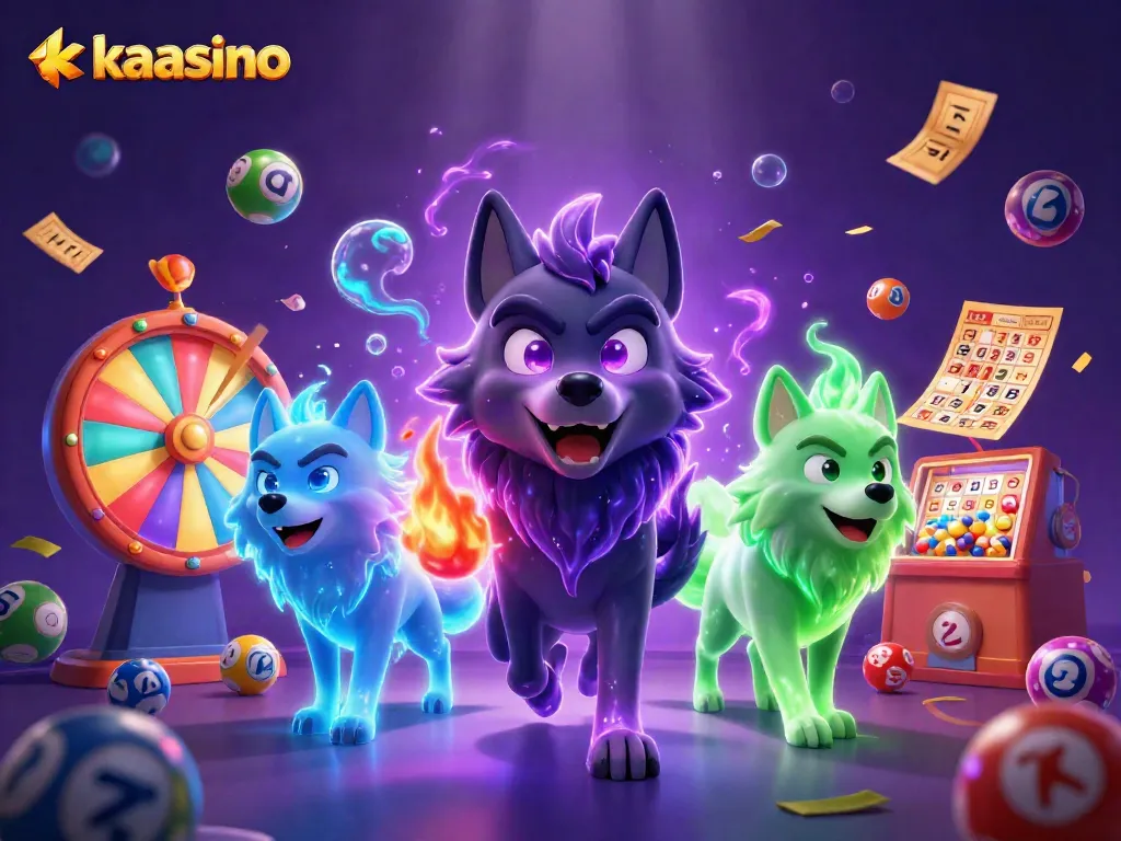 Kaasino offers a thrilling experience with glowing wolves and vibrant gambling elements exploding in action.