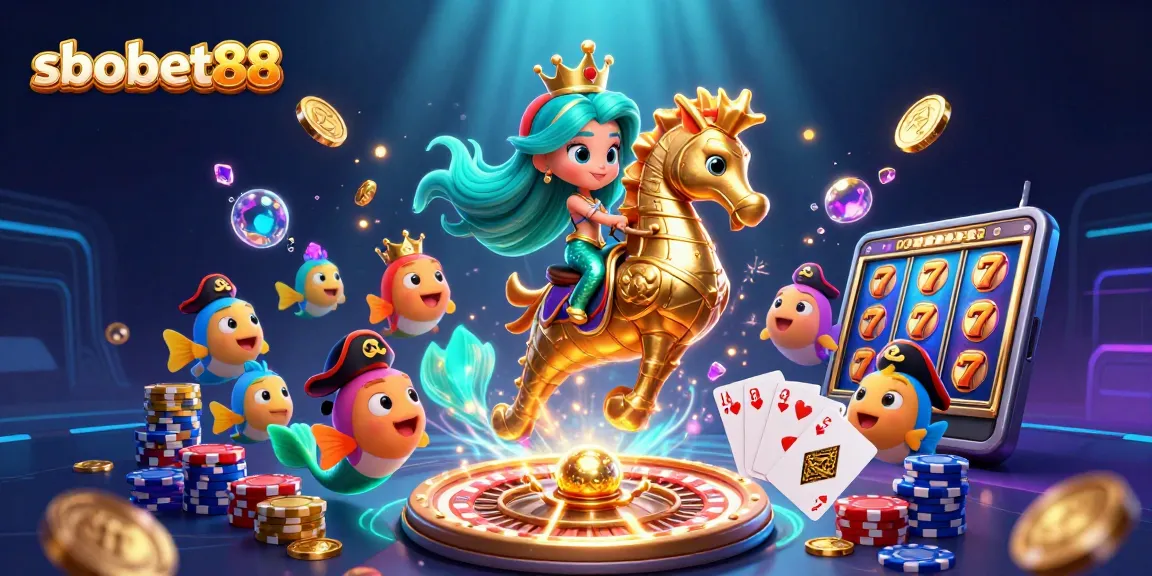 SboBet88 features a vibrant 3D mermaid riding a seahorse with dazzling casino elements.