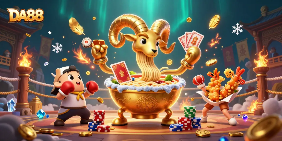 Engage with DA88 in this vibrant 3D casino scene featuring a giant ramen bowl, gyoza, and sushi dealer.
