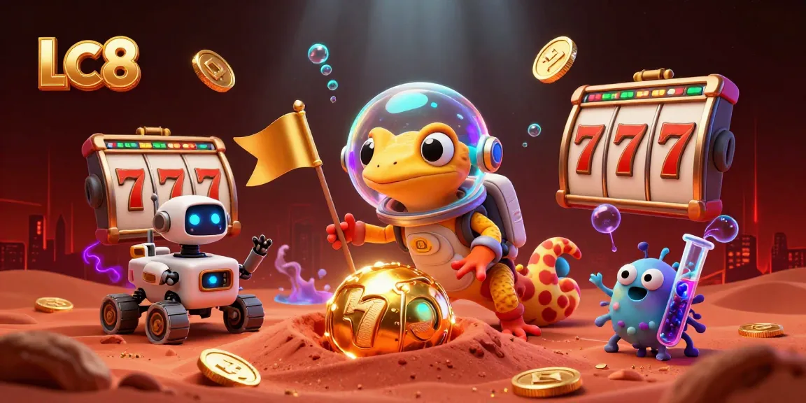Engage in thrilling LC8 casino adventures with a Martian gecko exploring a golden casino.