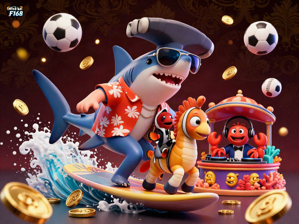 Experience the excitement of Nhà cái F168 with a vibrant 3D illustration featuring animated characters and casino elements.