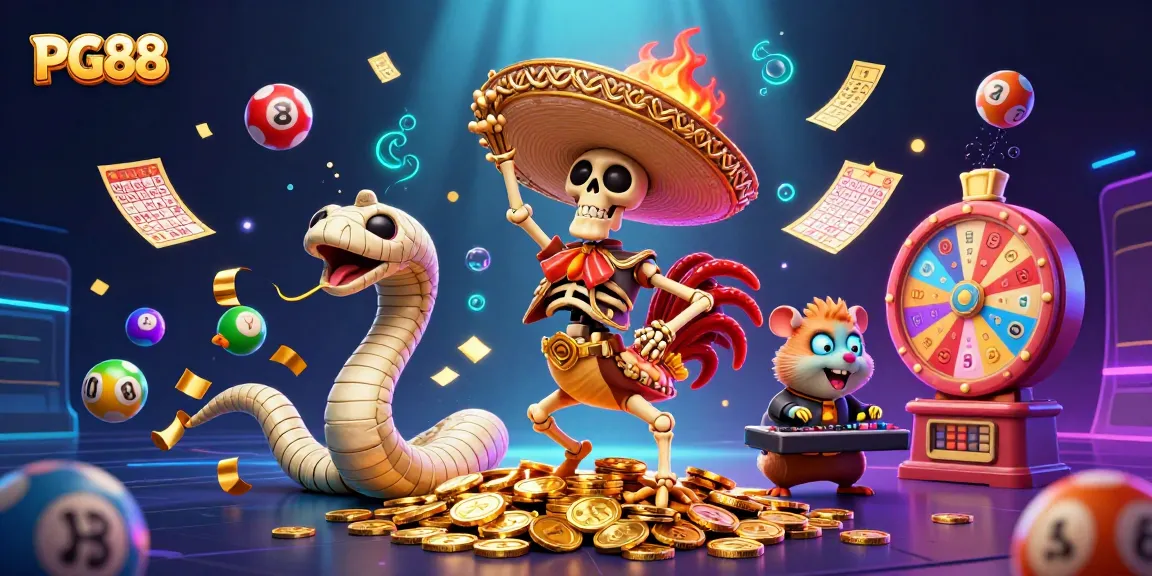 Win big with PG88! Enjoy a festive, vibrant casino atmosphere featuring a mariachi rooster, mummy snake, and DJ hamster.