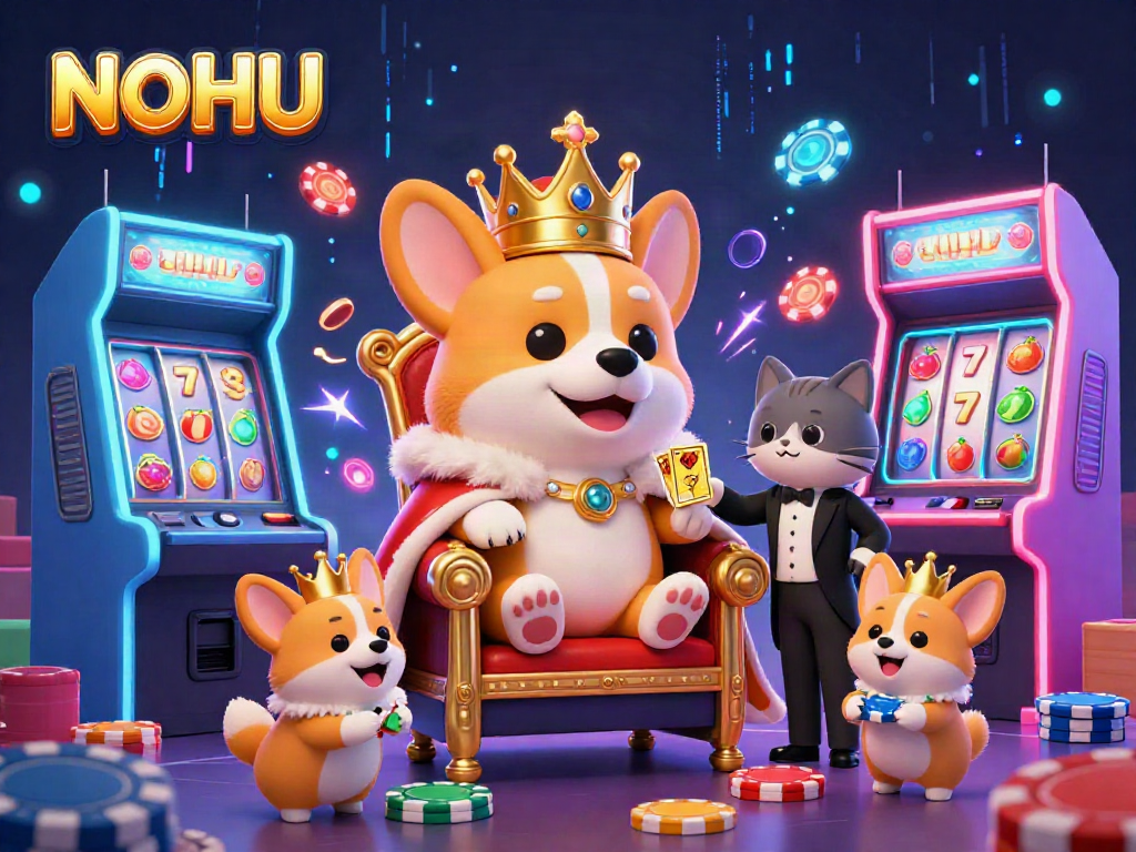 Experience the excitement of NOHU gaming with a royal corgi and vibrant casino elements.