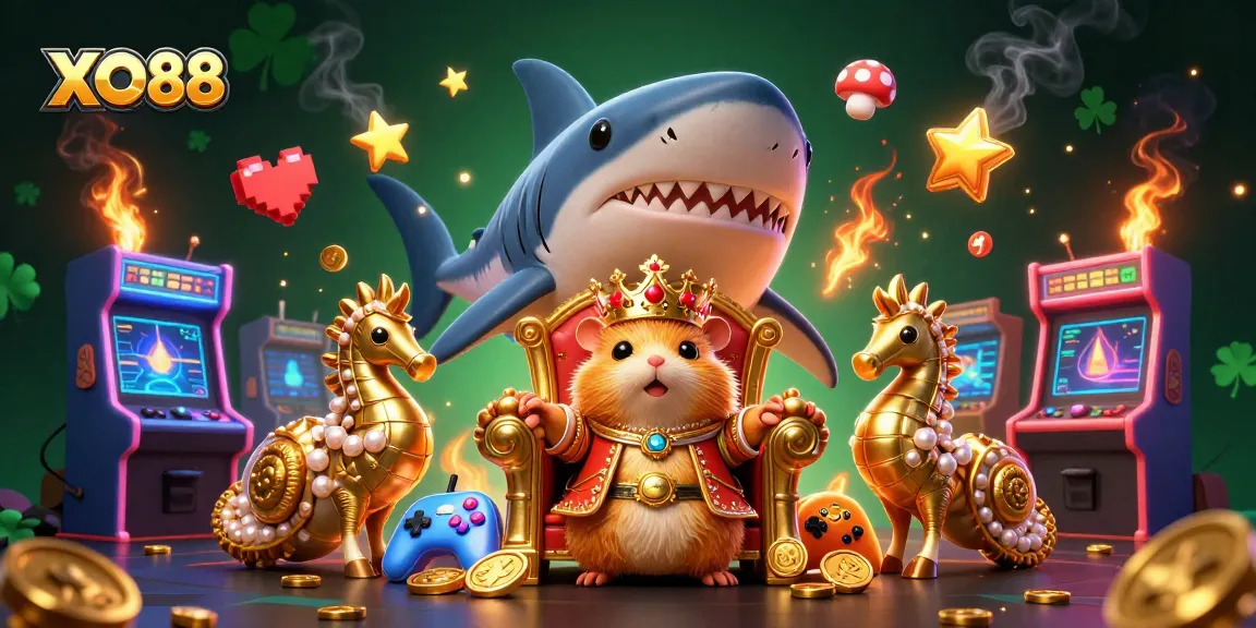 XO88 captures the excitement of casino gaming with a vibrant scene featuring a golden hamster king and characters amidst colorful gaming elements.
