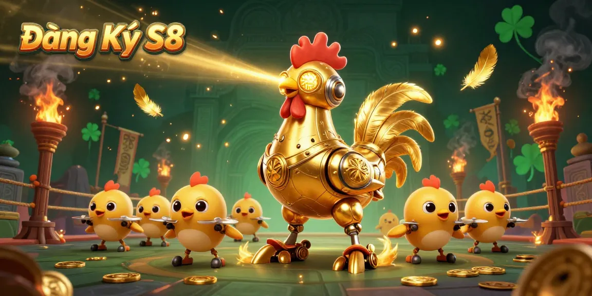 Experience the thrill of Đăng Ký S8 with vibrant golden rooster robot and dynamic gaming elements.