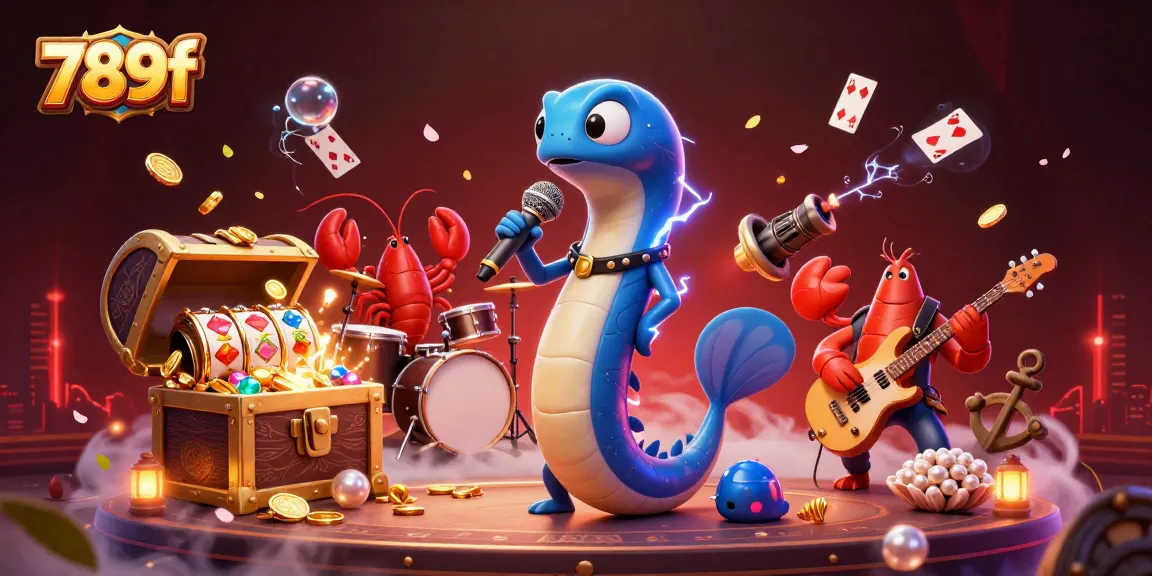 A vibrant underwater casino scene featuring 789f with a DJ eel, lobster drummer, and seahorse guitarist.