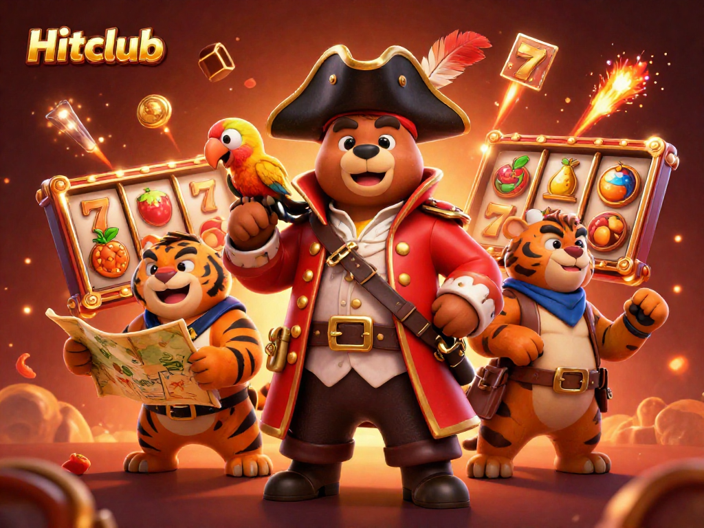 Hitclub dazzles players with a vibrant 3D scene featuring pirates, jackpots, and slot reels.