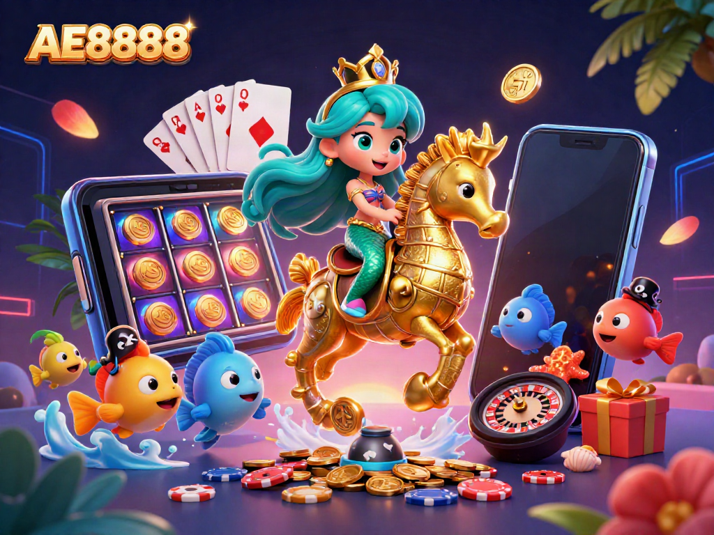 Experience thrilling gameplay with AE8888 as a mermaid princess rides a seahorse amid colorful casino elements.