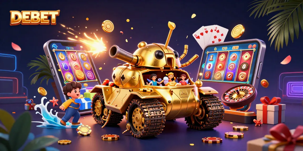 Join the fun at DEBET's miniature casino inside a golden beetle tank, bursting with excitement!