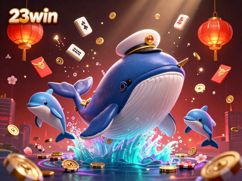 Experience the thrill of winning at 23win with lively dolphins and a majestic whale in a colorful casino scene.