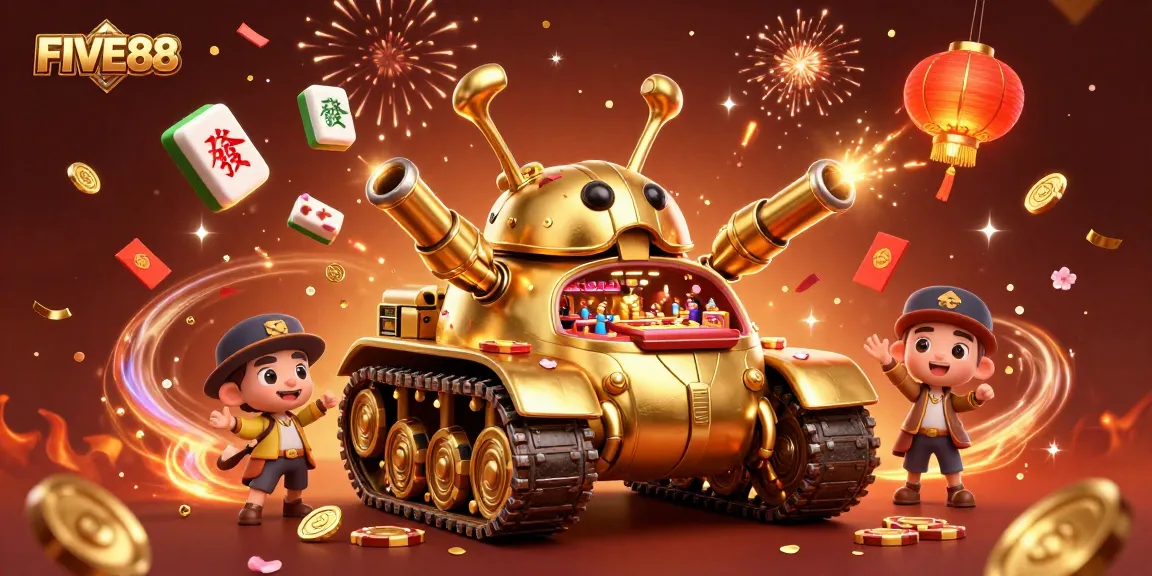 Engage in high-stakes fun with FIVE88's vibrant casino-themed illustration featuring gold and festive elements.
