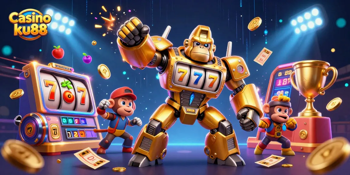 Casino ku88 showcases an exciting golden gorilla mech surrounded by vibrant gaming elements.