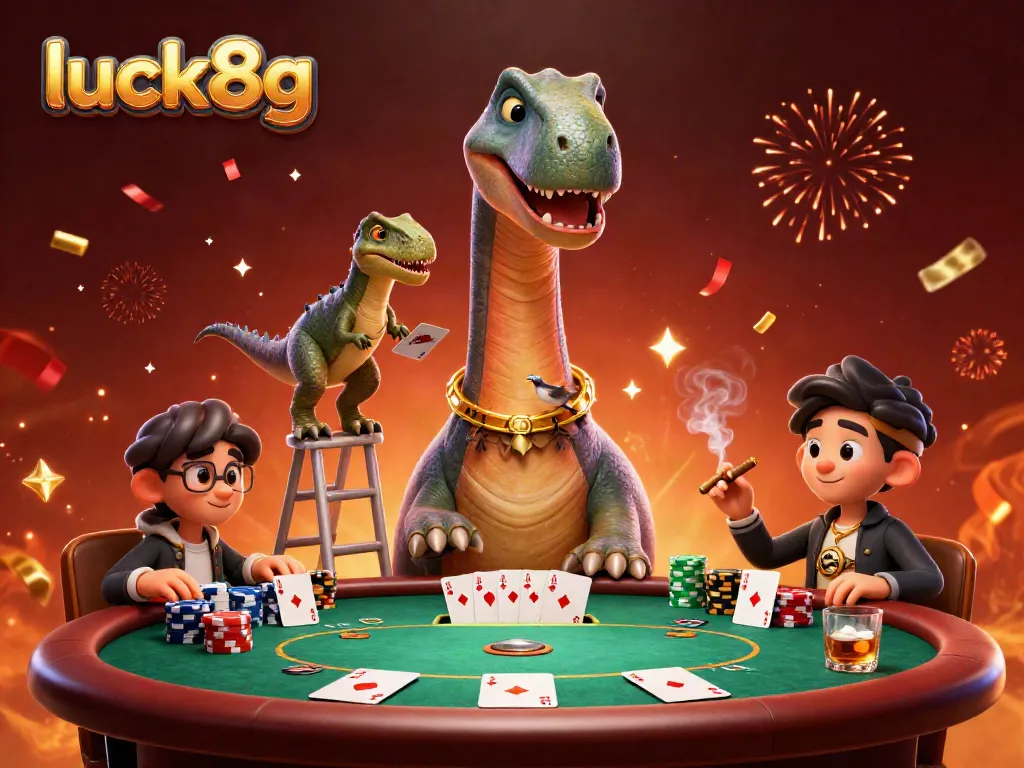 Join the thrill at luck8g with a towering brontosaurus overseeing a poker showdown amidst vibrant casino celebration!