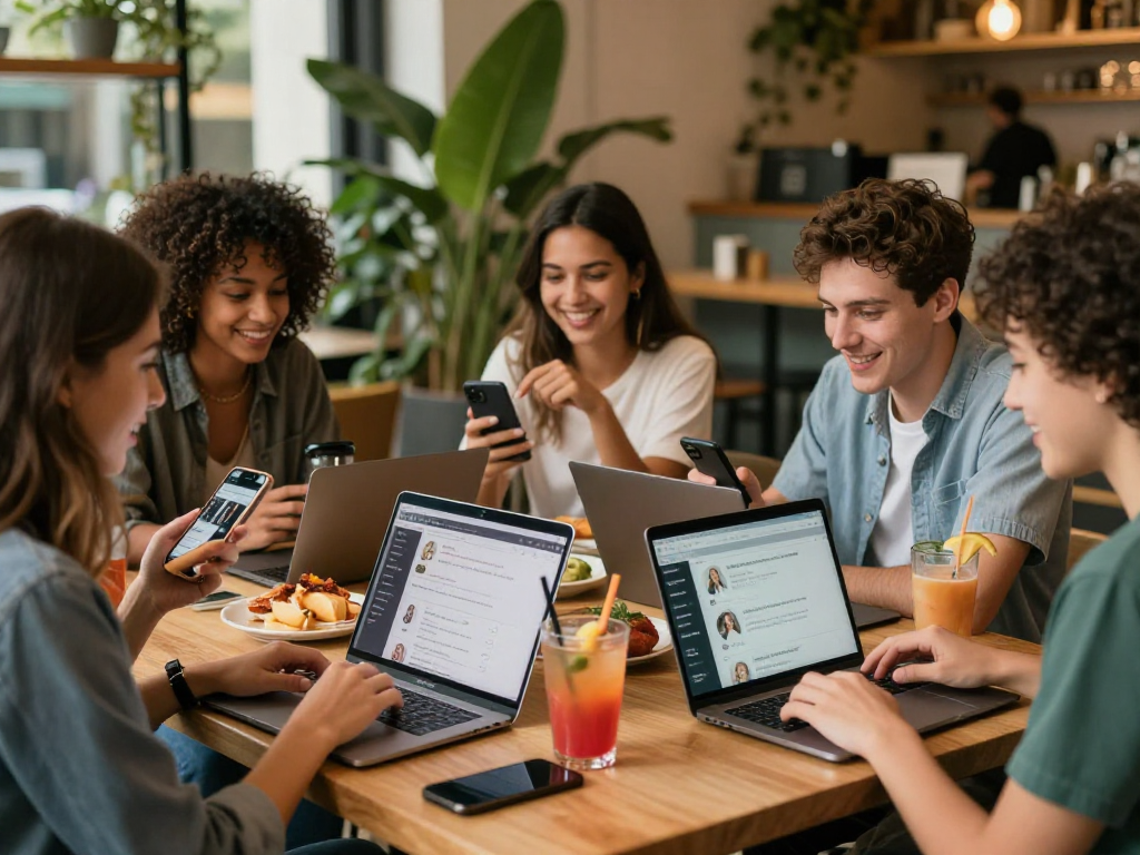 Friends interacting with dating profiles at https://f168.dating/ in a vibrant café atmosphere